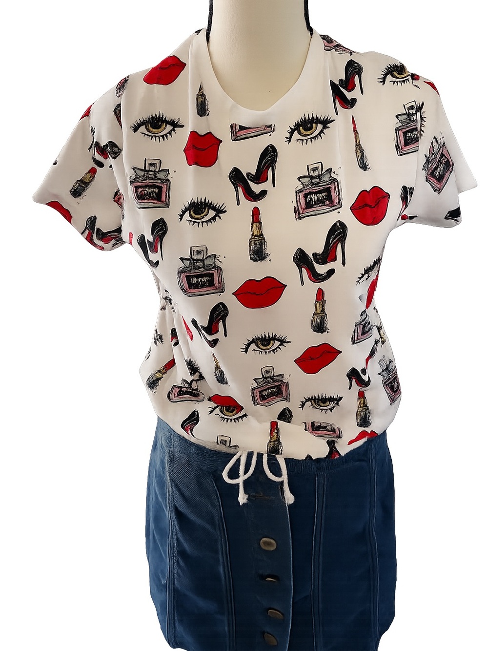 On Fire White Short Sleeve Tee with Red Lipstick & Black Heel Print